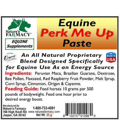 Equine Perk Me Up Paste - all-natural proprietary blend designed specifically for horses for use in dressage events, horse shows, three day events, or training.